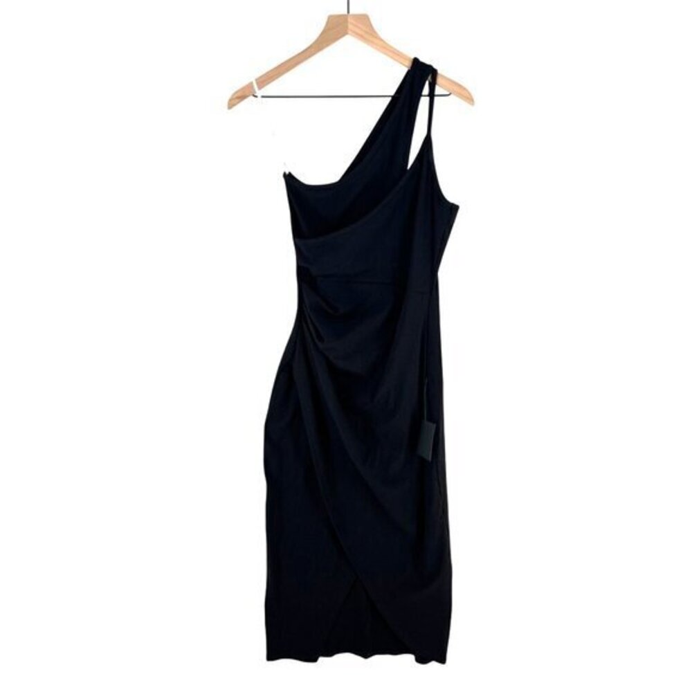 Lulus Womens Size M Black Ribbed One-Shoulder Tulip Hem Faux Wrap Dress M